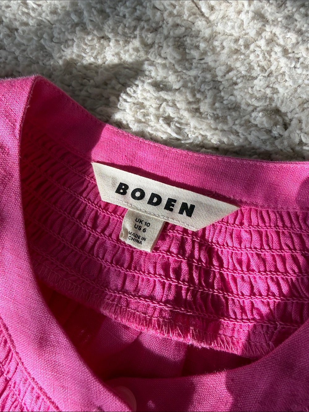 Boden Bright Pink Smocked Linen Button-Down Blouse - Picture 2 of 8